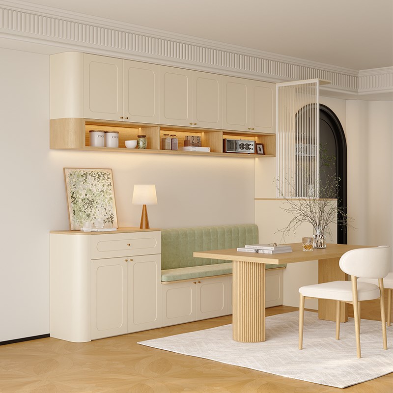 奶油风卡座餐边柜靠墙p一体客厅屏风隔断柜小户型储物柜圆弧收纳