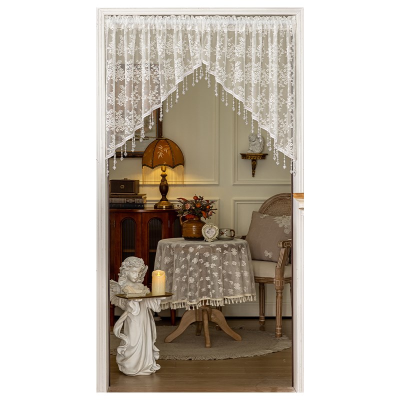 法式复古 重工水晶吊珠白u色蕾丝半帘免打孔拱形门帘窗帘半帘短帘