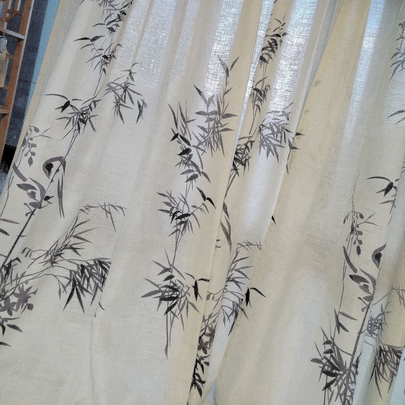 新中式窗帘竹叶i窗纱道具背景装饰书房茶楼麻纱魔术贴免打孔自粘