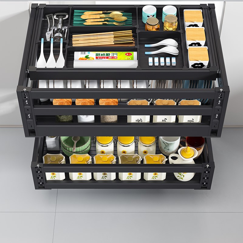 拉篮厨房橱柜双h层抽屉式碗篮架内置物抽中抽铝合金碗柜厨柜碗碟