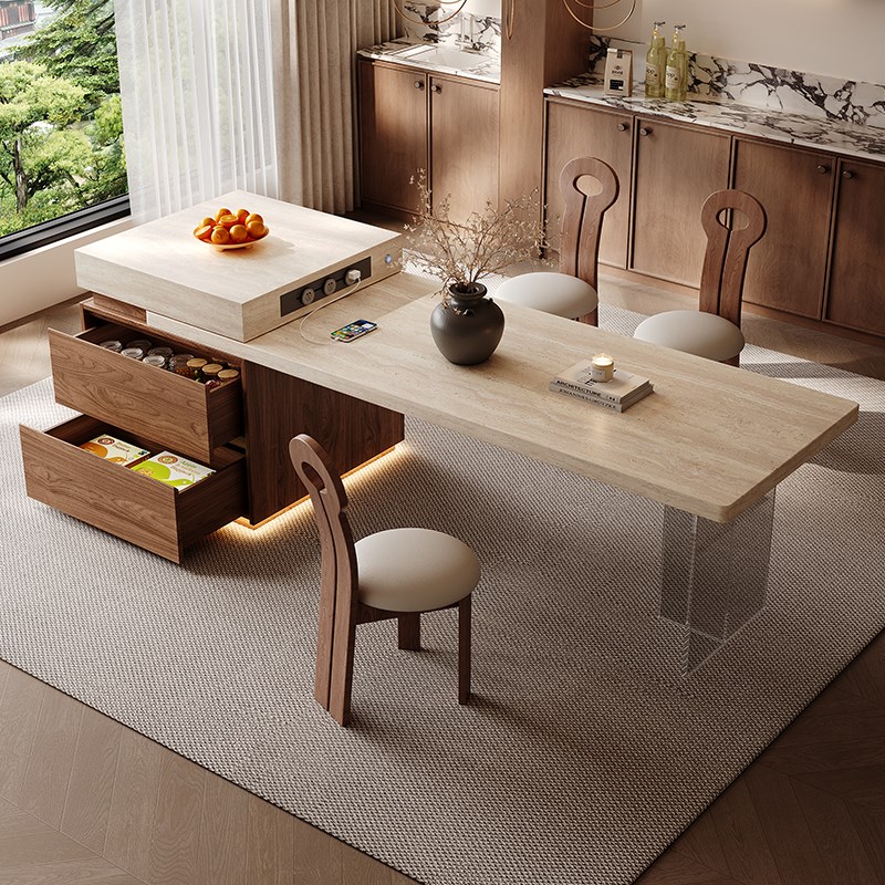 中古风洞石岩板岛台餐桌一体家用可伸缩吧台桌L厨房2025新款中导