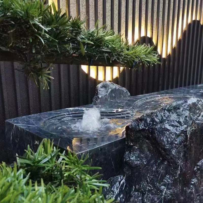 天然黑山石雕庭院日式喷泉水钵