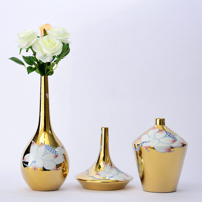 新中式后现代简约莲花电镀陶瓷家居工艺品摆件样板房茶几插花瓶