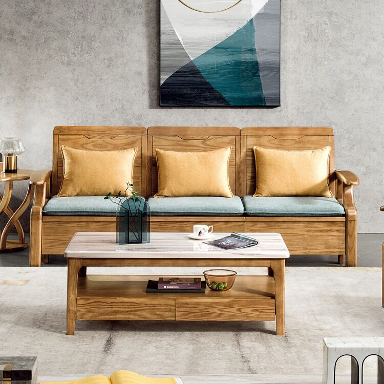 白蜡木储物沙发原木多功能沙发多尺寸四人位沙发中式转角实木沙发