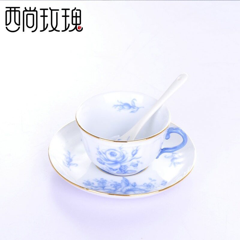 陶瓷花卉咖啡杯碟带勺子套装 餐厅用釉中彩杯碟 中式描金咖啡杯