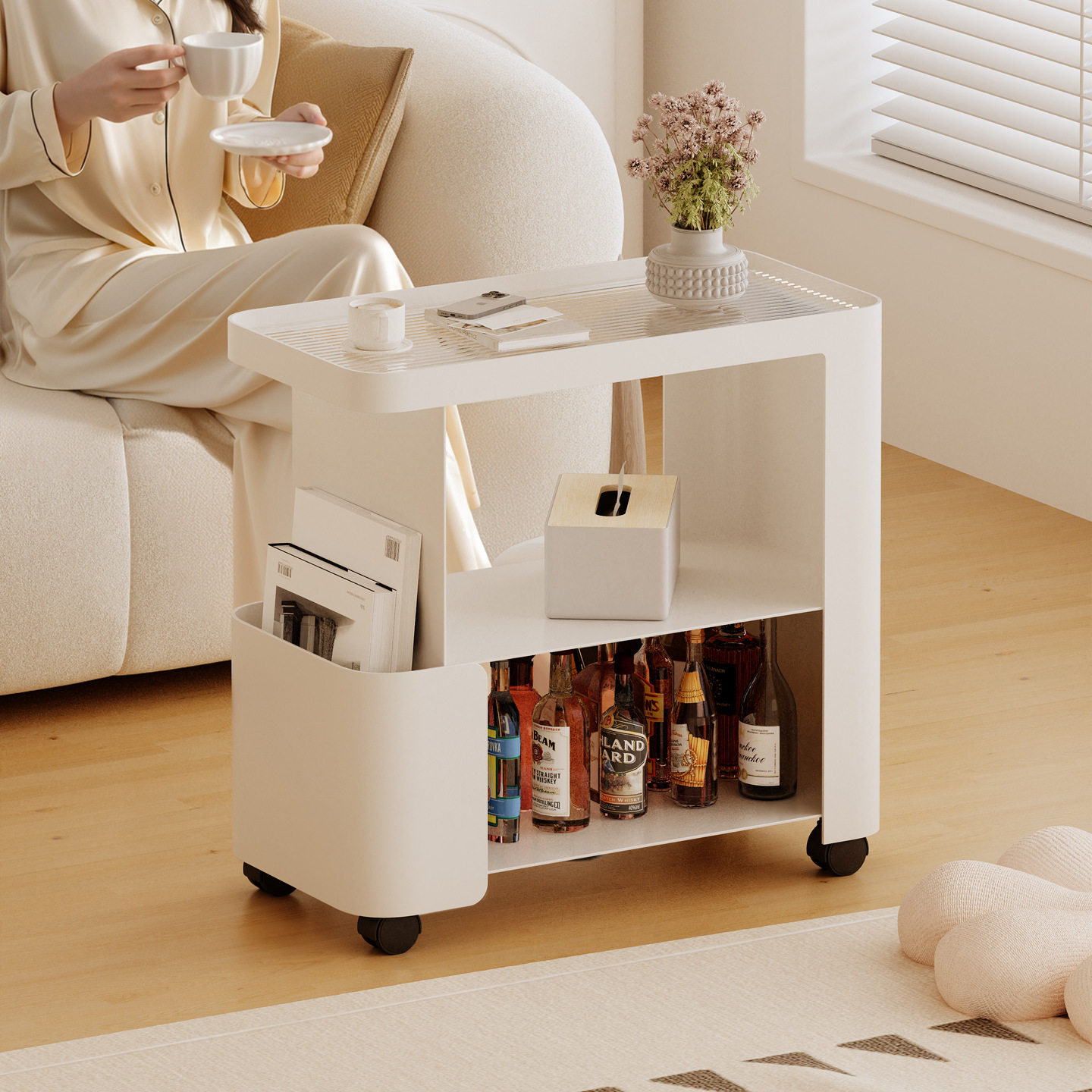 奶油风沙发边几客厅可移动茶几小桌子侧边柜带灯铁艺小推车置物架