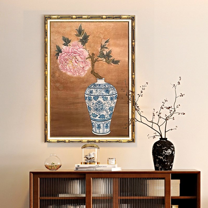 法式中国风客厅装饰画中式宋v代美学青花瓷装饰画挂画牡丹花玄关图片