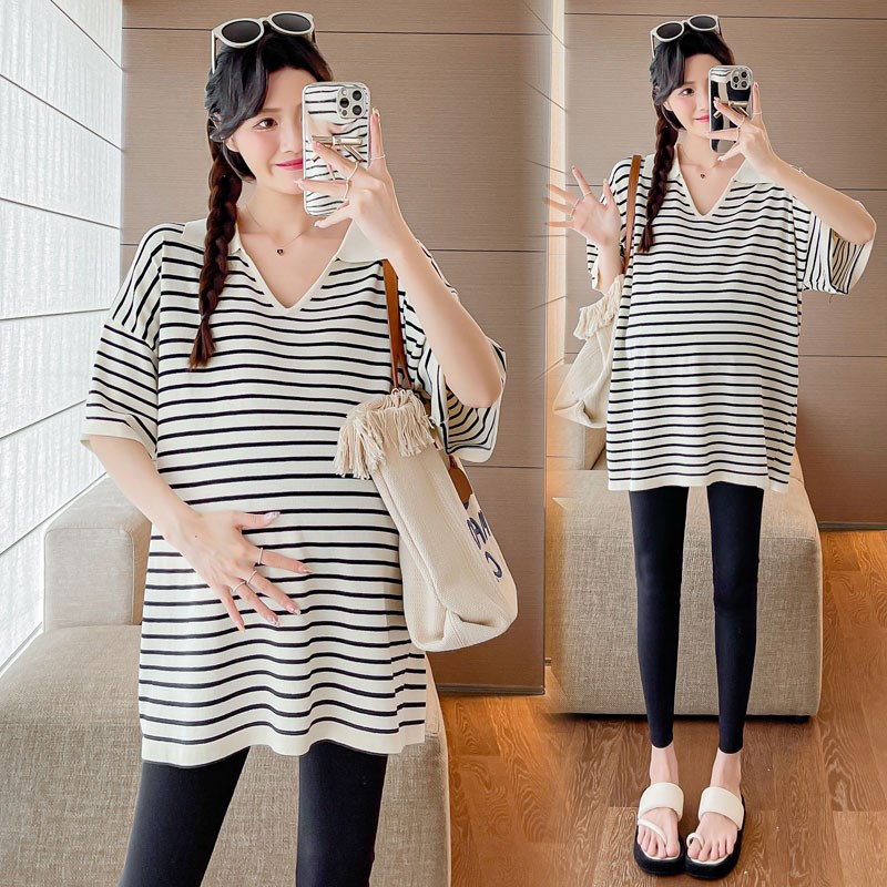 孕妇装上衣夏装2025新款韩版时尚宽松条纹短袖V领t恤中长款连衣裙
