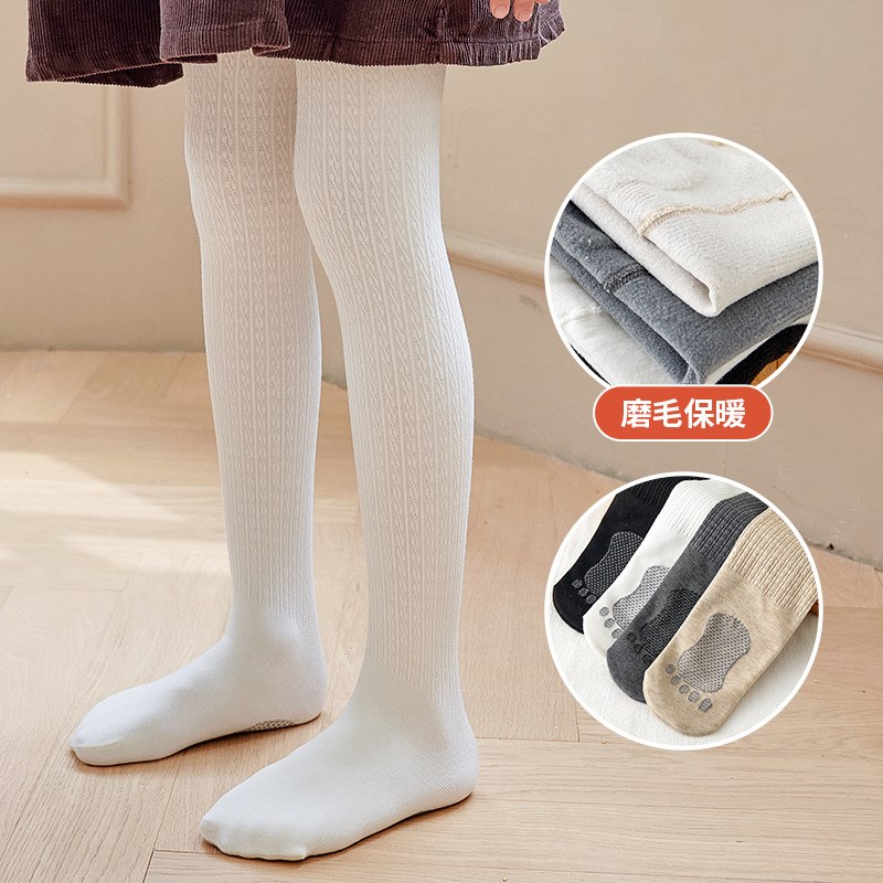 儿童裤袜秋款薄绒跳舞裤袜女童打底袜洋气白色黑色防滑连体袜纯棉