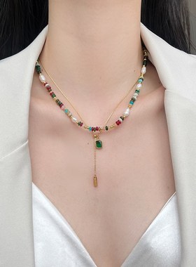 珍珠项链女多巴胺彩色串珠夏天叠戴高级感锁骨链轻奢小众颈链配饰