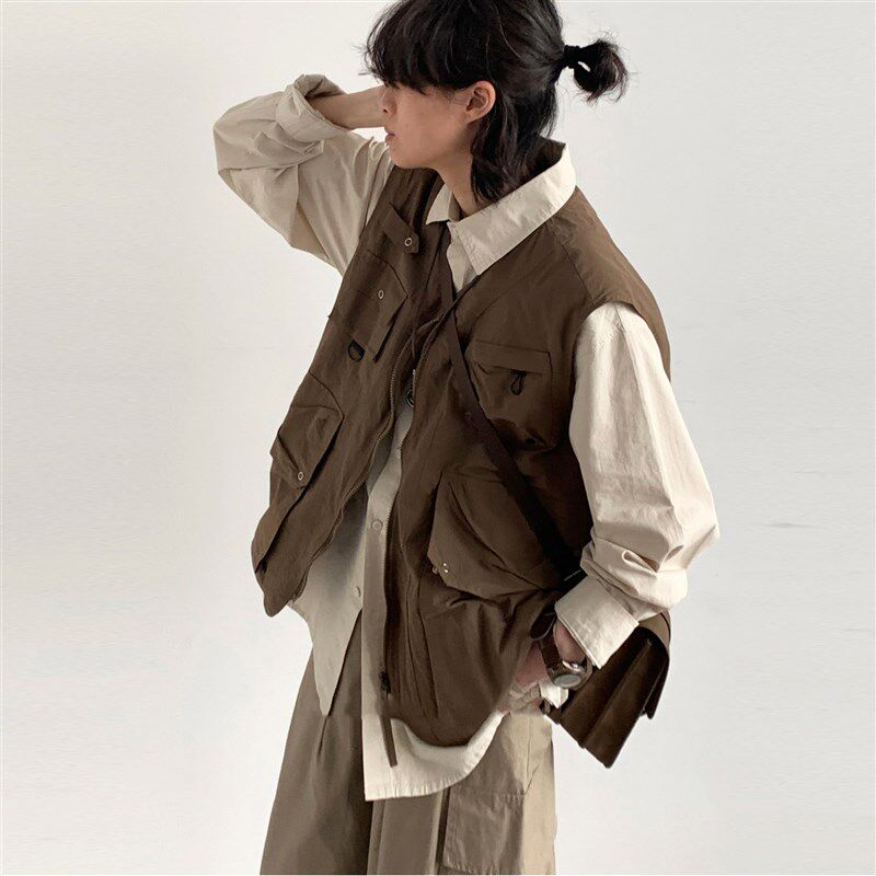 日系复古宽松纯色工装马r甲多口袋户外机能学院风男女生战术背心