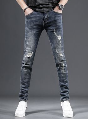 2023新款春季牛仔裤男款破洞蓝色潮流补L丁男士牛仔长裤修身小直