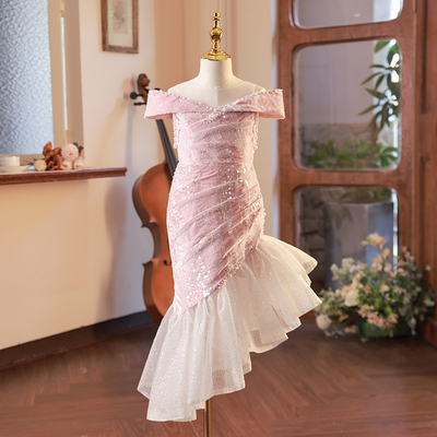 儿童礼服公主裙粉色高端小女孩生日宴走秀女童主持人钢琴演出服秋