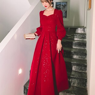 春秋季新娘敬酒服2024新款方领订婚回门日常可穿长袖晚礼服连衣裙