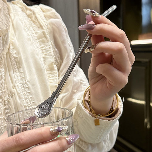加长吸管勺子304不锈钢奶茶搅拌过滤一体两用环保粗金属非一次性