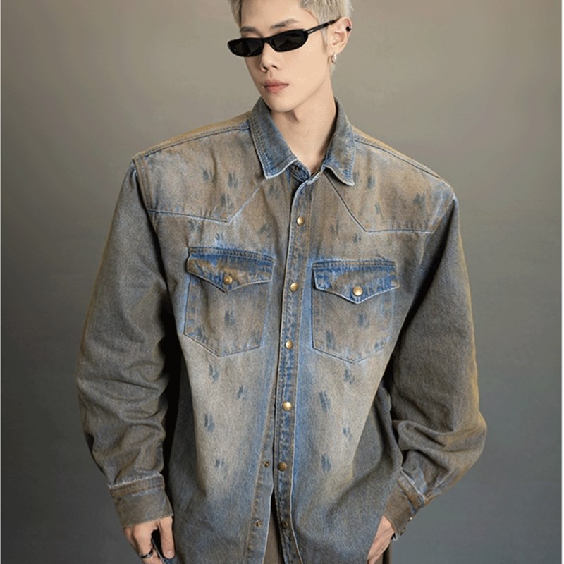 美式高街废土风脏脏m长袖衬衫男高级感春季复古蓝牛仔宽松休闲外