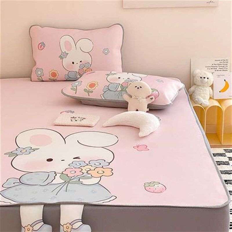 夏季卡通可爱冰丝凉席床s笠款三件套立体异性印染可水洗折叠空调