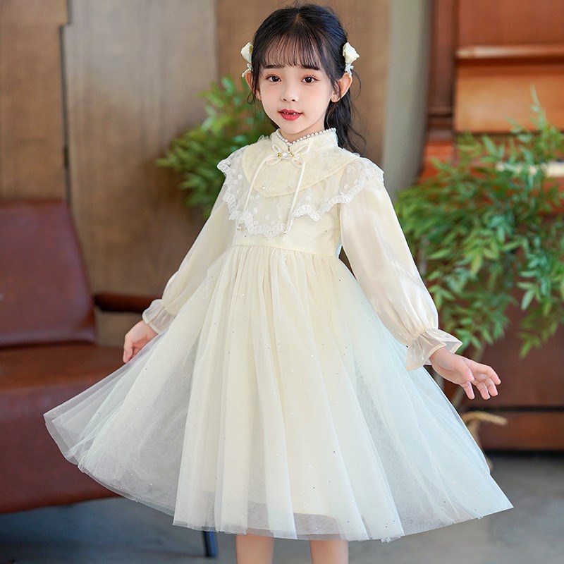 女童旗袍连衣裙春秋中式古风蕾丝花边云肩纱裙儿童洋气礼服公主裙