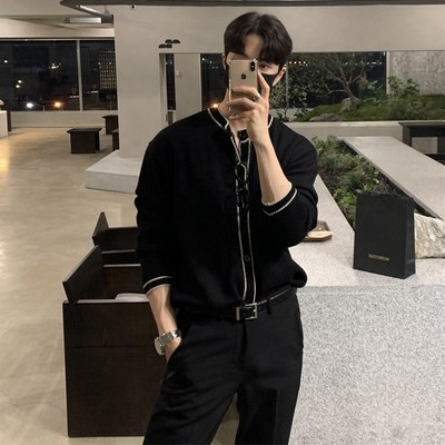 针织开衫男秋季高级感毛衣外套轻熟风百搭帅气修身翻W领外穿毛线