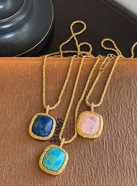 复古天然石方形绿松石粉水晶长款吊坠小众设计独特气质项链女饰品