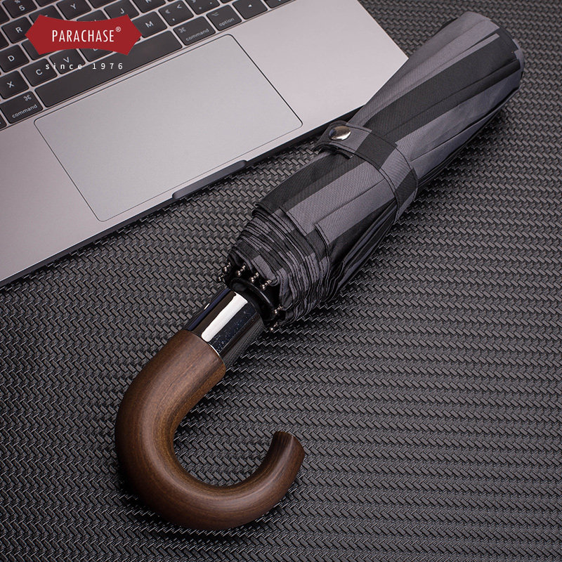 全自动雨伞英伦帅气十骨防风实木弯钩简约条纹男女士三折叠晴雨伞