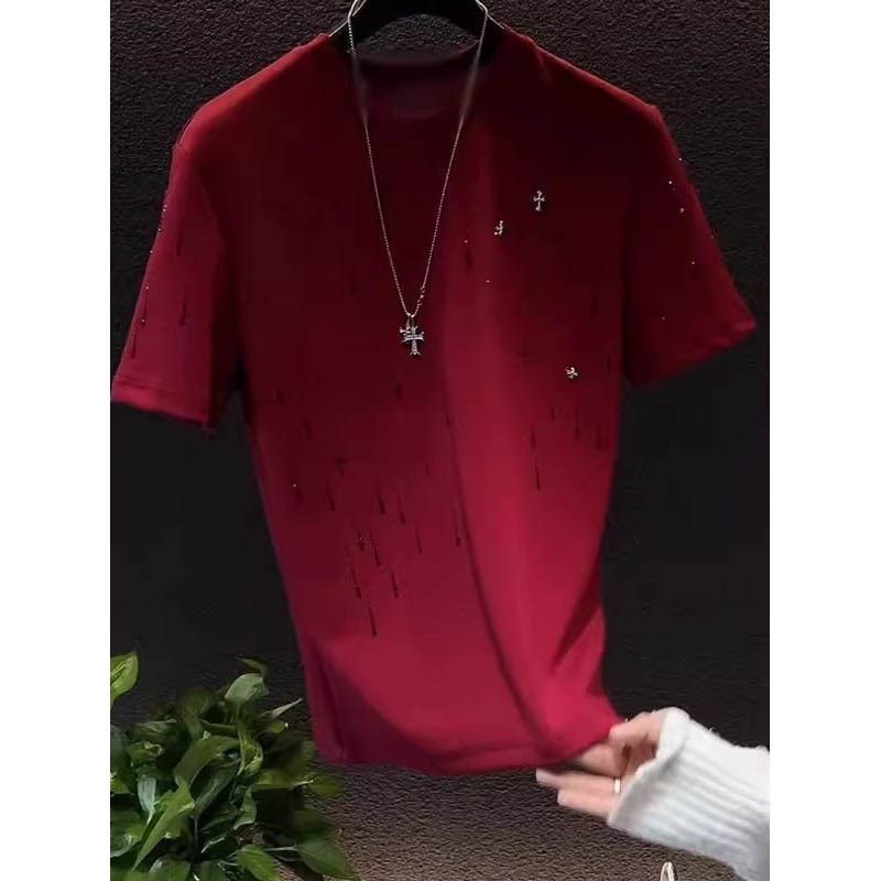 特大码300斤2025夏季新款重工短袖t恤上衣流星满钻T恤男圆领半袖2