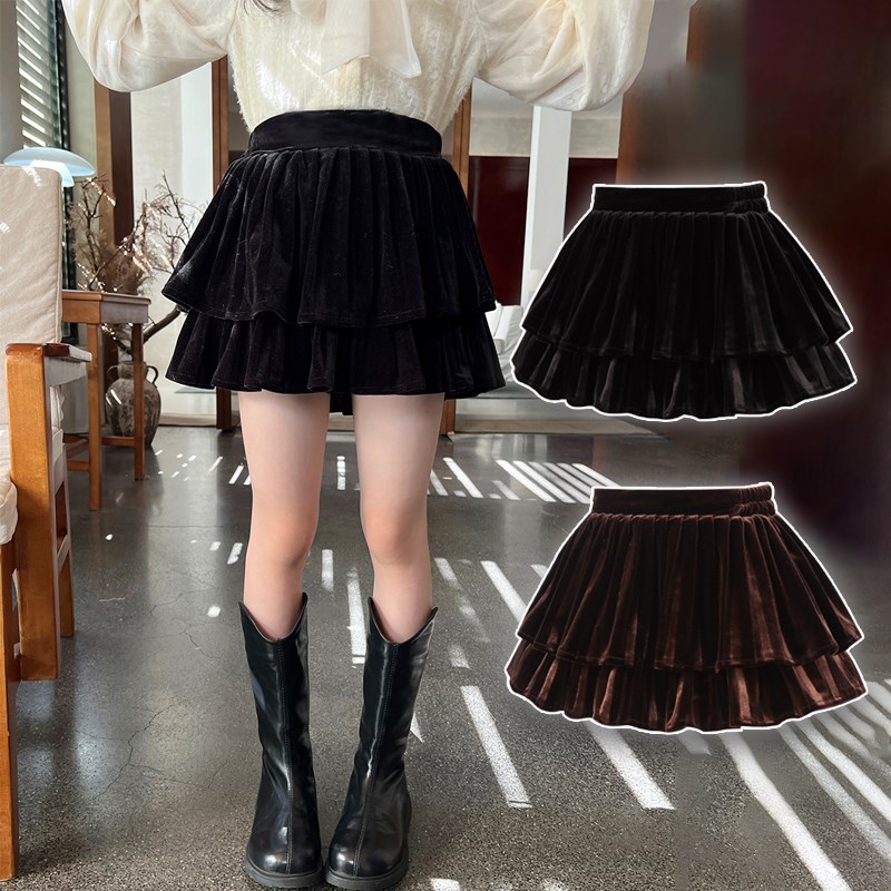 女童百褶裙丝绒半身裙春秋洋气儿童小女孩法式双层蛋糕蓬蓬短裙子