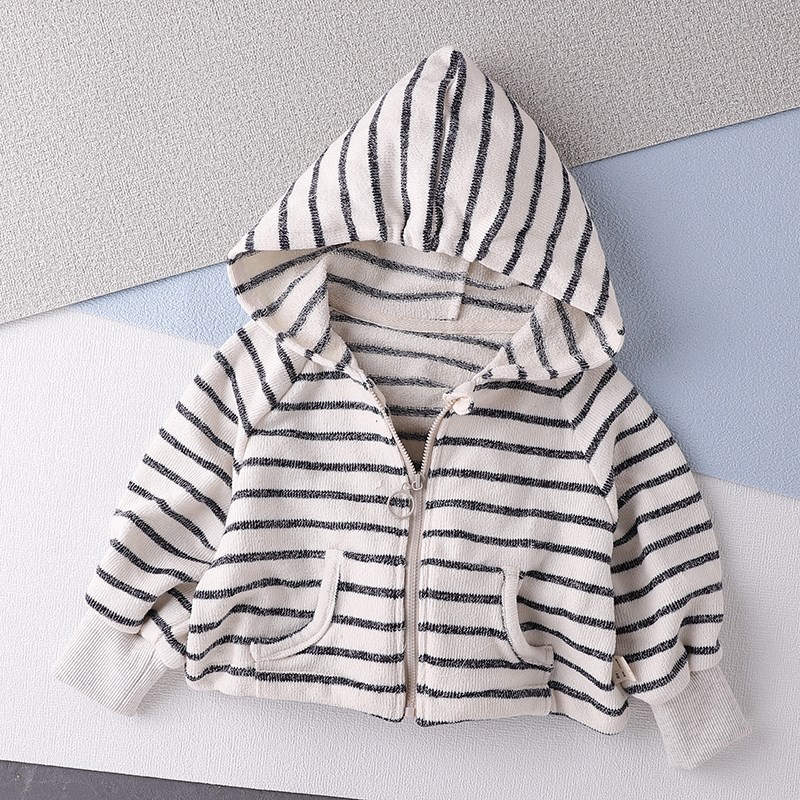 儿童春秋外套男孩针织上衣拉链衫女宝宝条纹外套秋季连帽卫衣2024