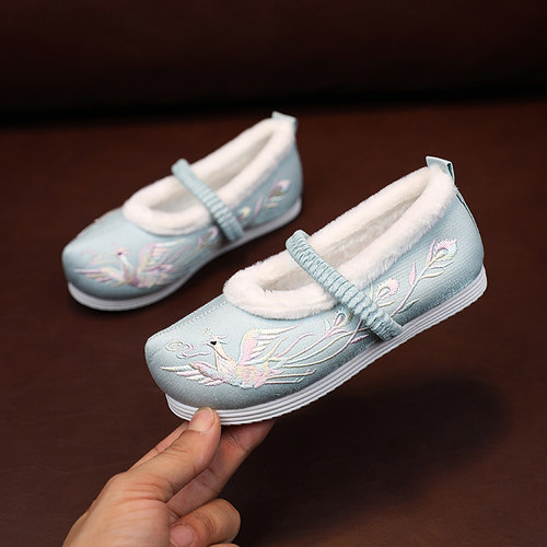 小翘头加绒女童手工布鞋棉鞋儿童民族风绣花鞋古装汉服搭配鞋公主