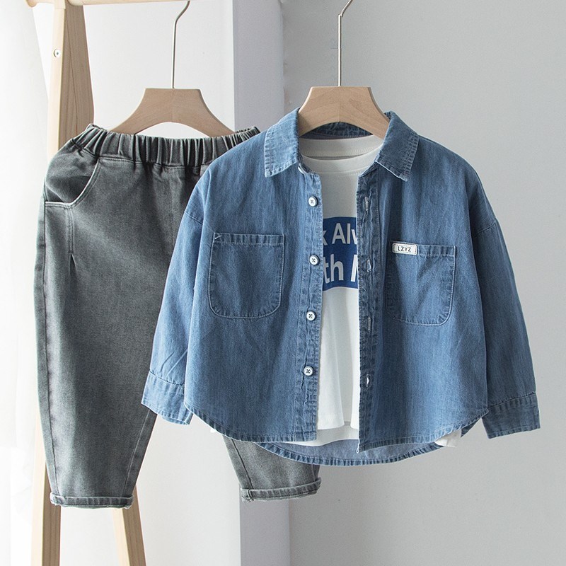 软!薄款水洗棉牛仔衬衫男童长袖衬衣小童宝宝春装外套儿童上衣