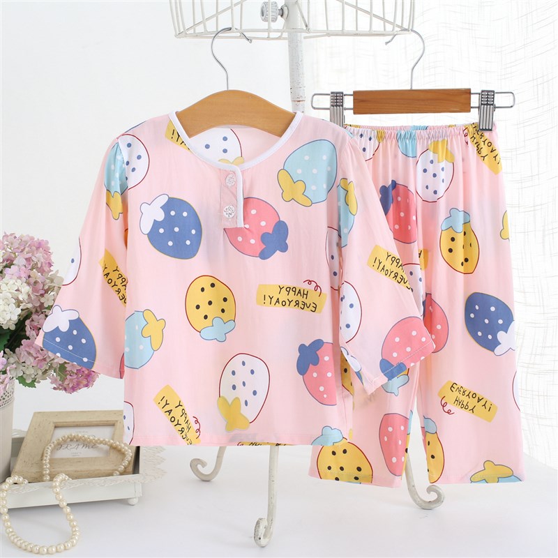 夏季儿童睡衣薄款绵绸小女孩女童女宝宝长袖空调家居服纯棉绸套装