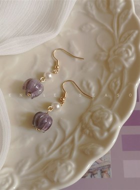 紫色风铃花。法式复古温柔小众气质紫色琉璃剔透夏日花朵耳环耳夹