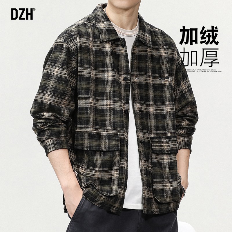 青少年格子加f绒衬衫外套男秋冬款港风复古上衣长袖衬衣格子衫外