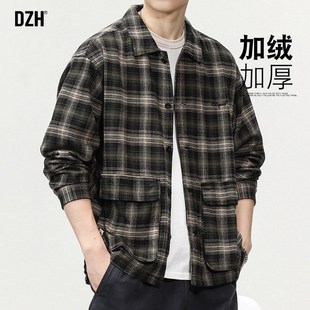 外 青少年格子加f绒衬衫 外套男秋冬款 港风复古上衣长袖 衬衣格子衫