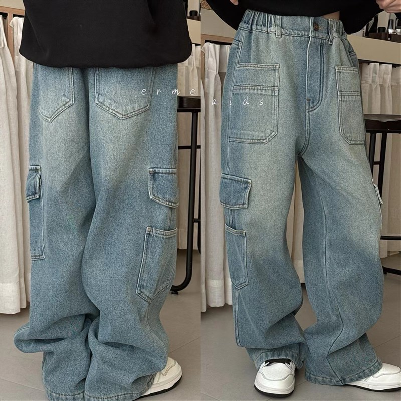 波拉韩国儿童装加绒牛仔裤24秋冬款男女童韩版宽松直筒工装裤子潮