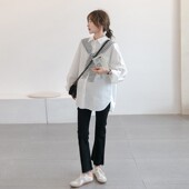 中长款 春秋外穿宽松衬衫 白色职业衬衣哺乳上衣 孕妇装 送条纹披肩