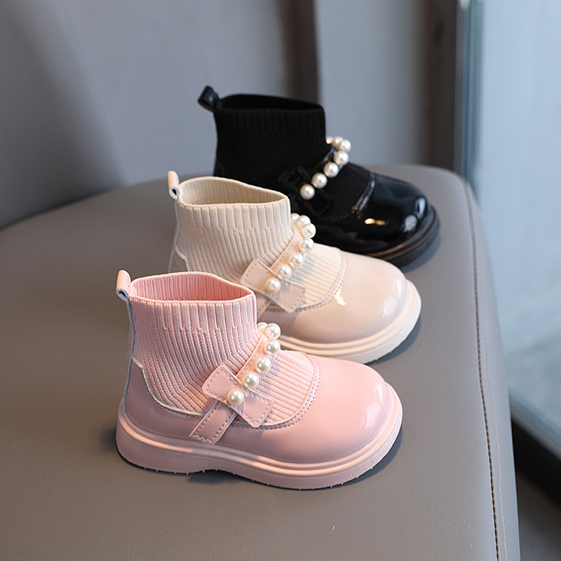 女童小皮鞋二棉鞋2022新款秋冬加绒洋气宝宝袜子靴软底儿童公主鞋
