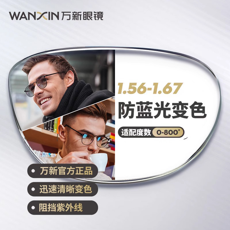 万新超发水防蓝光膜变近视镜片变色配镜1.56/1.60/167感光眼镜片