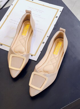 网搭红37280豆豆女闲2021新款春季韩版尖鞋头方扣休平底鞋百仙女