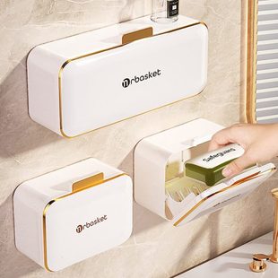 肥皂盒高档免打孔家用 翻盖放沥水带盖香皂置物架格双卫生间壁挂式