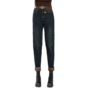 高腰小脚牛仔裤女秋冬新款加绒加厚修身显瘦老爹裤百搭翻边靴裤子