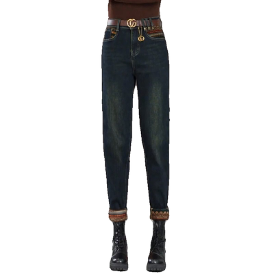 高腰小脚牛仔裤女秋冬新款加绒