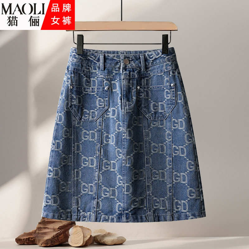 牛仔风字母印花A字半身短裙女2025秋冬新款高腰显瘦百搭休闲半裙
