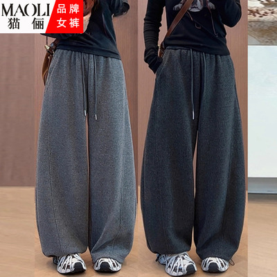 加绒加厚羊毛呢阔腿裤女秋冬季