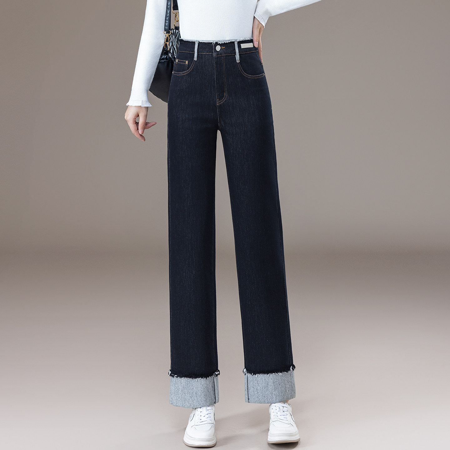 高腰显瘦直筒牛仔裤女窄版阔腿裤