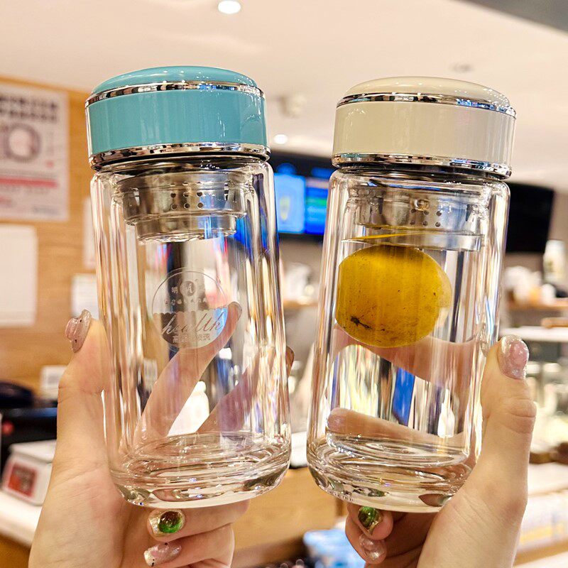 高颜值水杯2024新款女士双层高硼硅玻璃杯子耐高温分离泡茶杯迷你