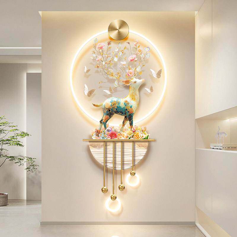 一路生花玄关装饰画奶油风蝴蝶花卉走廊挂画立体福鹿入户带灯壁画