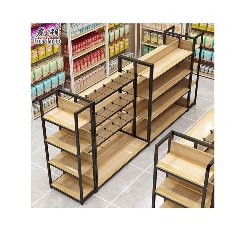 虎朔超市货架便利店置物架商店零食柜文具店木质柜双面多层展示架
