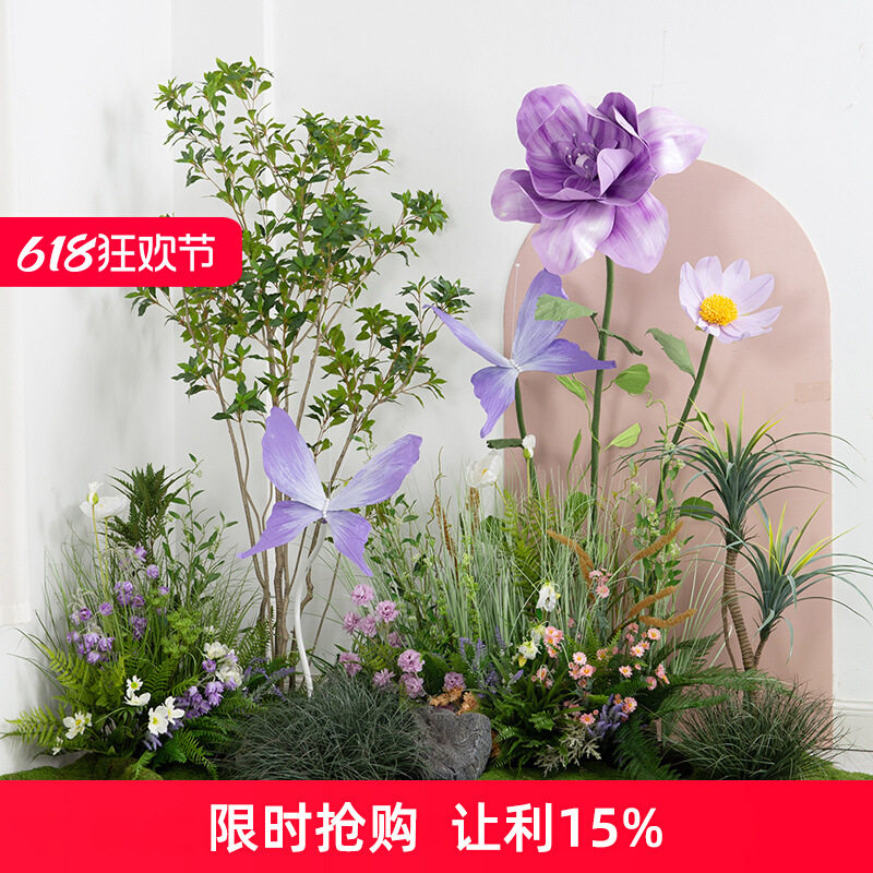 花园风橱窗花艺绿植组合景大型花朵蝴蝶摆件商场拍照背景假花道具