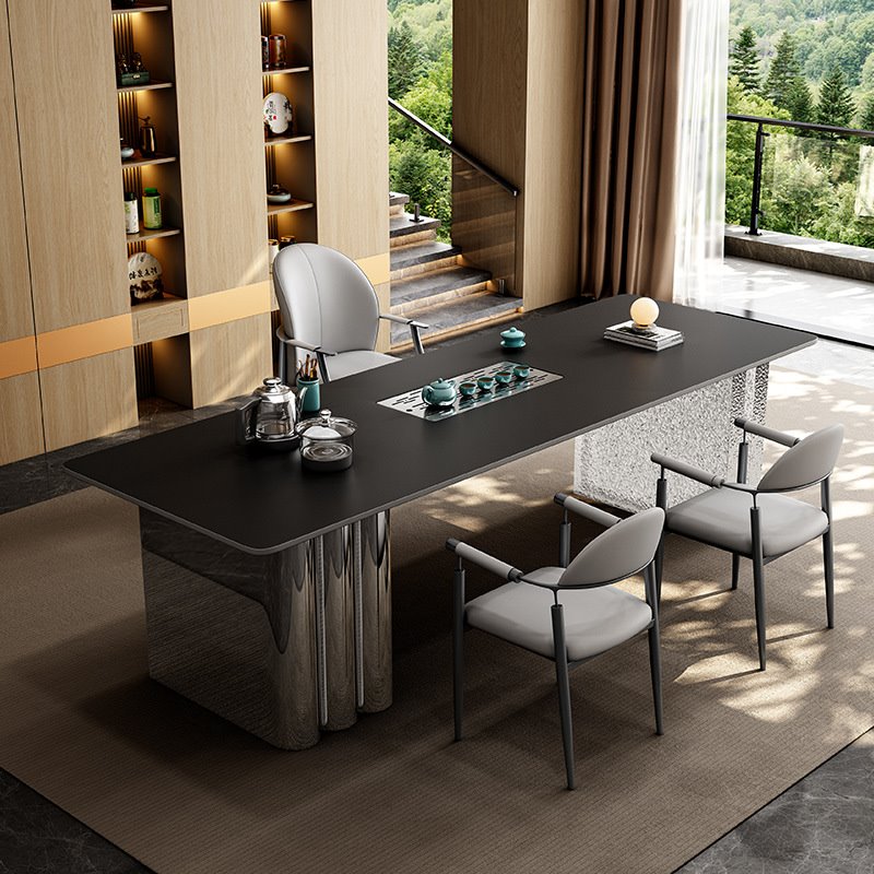 轻奢现代简约岩板茶桌客厅家用不锈钢茶几茶台阳台办公室组合一体